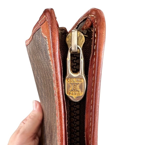 Authentic CELINE Macadam Dark Brown & Tan Leather Large Clutch Wristlet Bag - Picture 9 of 12